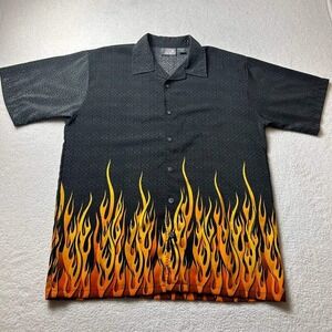 Vintage Breakdown Black Button Up Shirt Flame AOP Pattern Men's Size Large Y2K